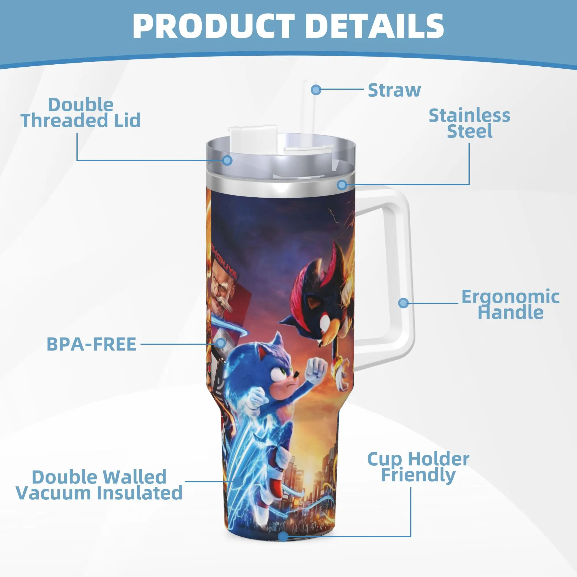 40OZ Stainless Steel Tumbler Shadow The Hedgehogs Thermal Cups Cartoon Keep Heat Hot Drinks Car Mugs Driving Water Bottle view 6