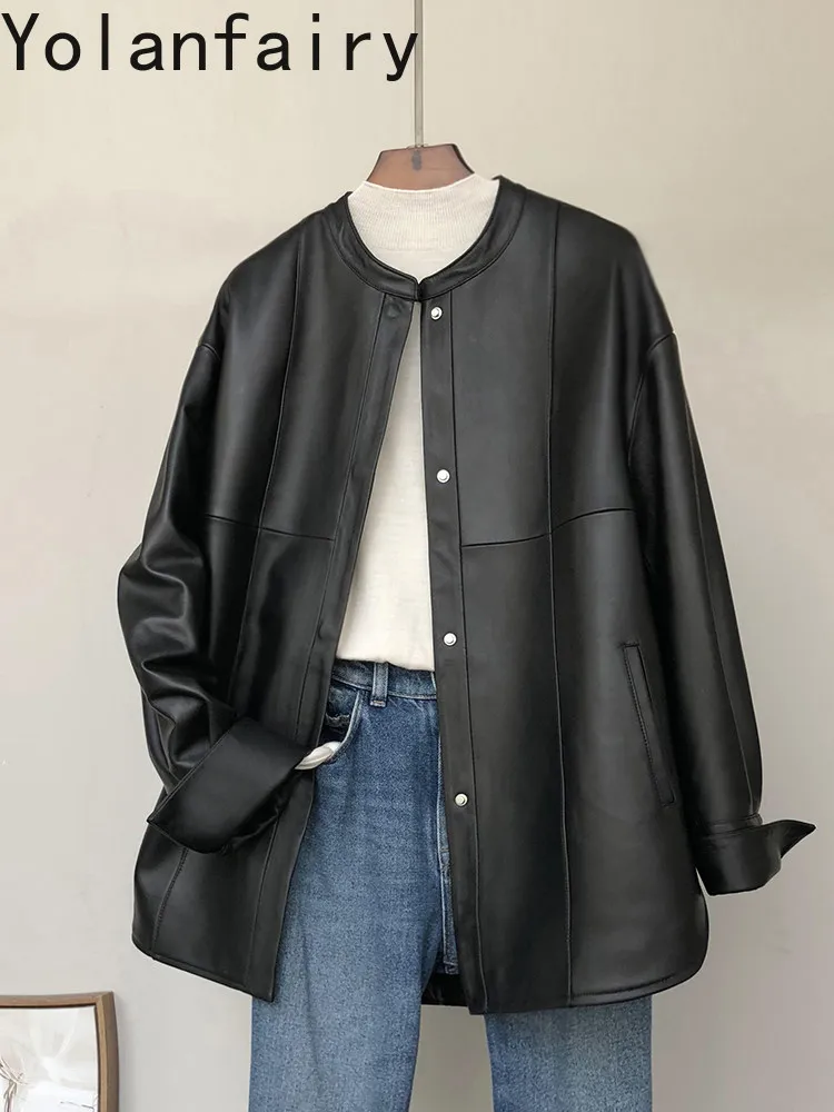 YOLANFAIRY 100% Real Sheepskin Leather Trench Coats Woman High-end Autumn Mid-length Leather Shirt Genuine Leather Jacket Women