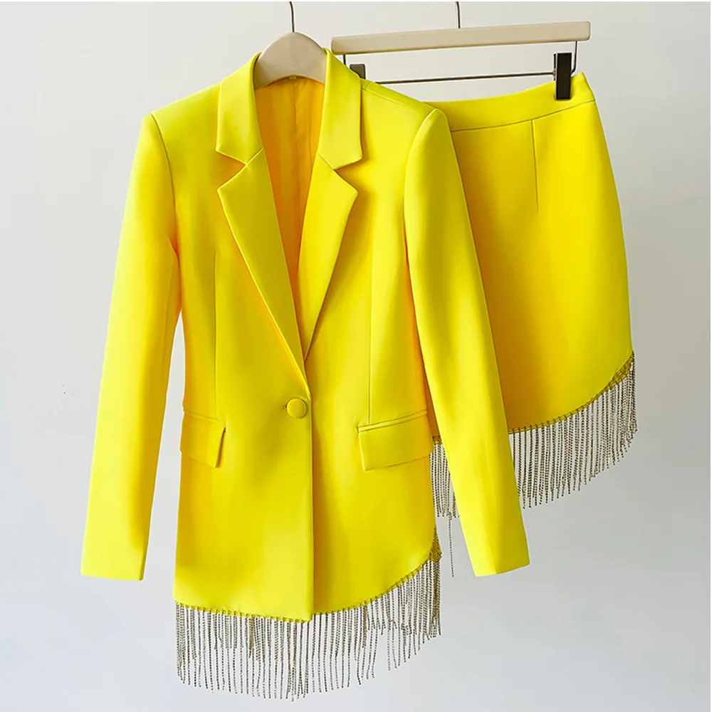 Fato amarelo feminino, saia, jaqueta de 2 peças, vestido de baile curto, luxo, senhora do escritório, roupa de trabalho diária, casaco de um botão, primavera