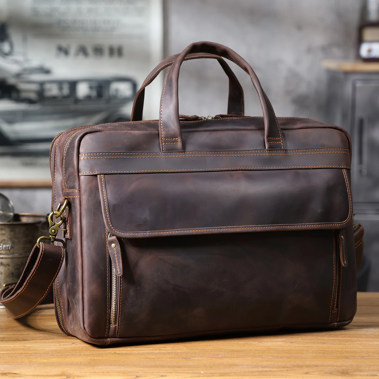Vintage Echtleder Herren-Aktentasche 17" Laptop-Tasche, Messenger-Taschen für Arbeit und Business, Crazy Horse Rindsleder Handtasche – Detail 8