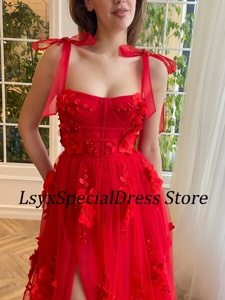 LSYX 2024 Red Appliques Pearls Tulle Evening Dresses A Line Lace Up Prom Gowns Women Floor-Length Side Slit Vestidos De Noche