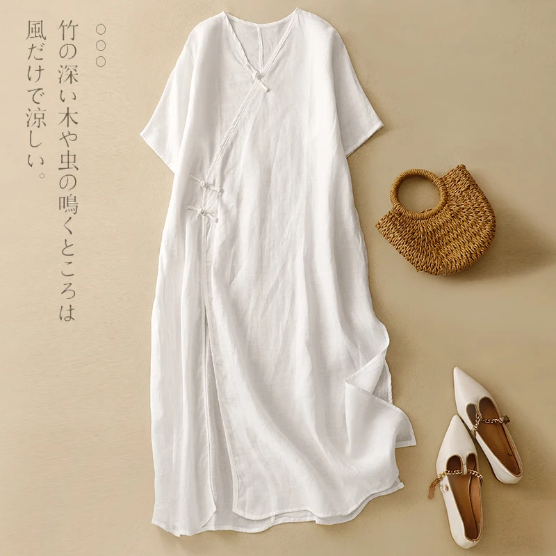 

Летний хлопково-льняной халат, женское тонкое китайское платье ханьфу с короткими рукавами, большие размеры, однотонная удобная длинная одежда, Vestidos N854