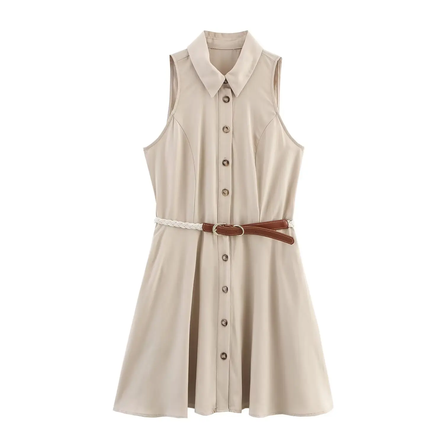 

PB&ZA2025 Summer New Arrivals Women's Casual Fashion Simple Single-Breasted Belt Lapel Sleeveless Round Neck Mini Dress
