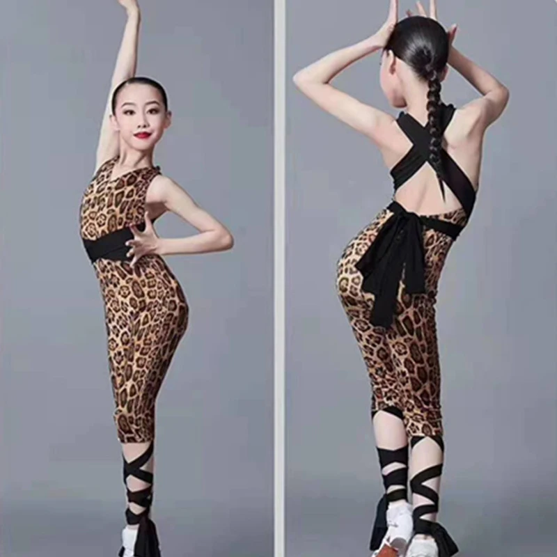 2023 New Latin Dance Costumes For Kids Leopard Top Pants Suit Practice Clothes Chacha Samba Tango Latin Performance Wear SL4744