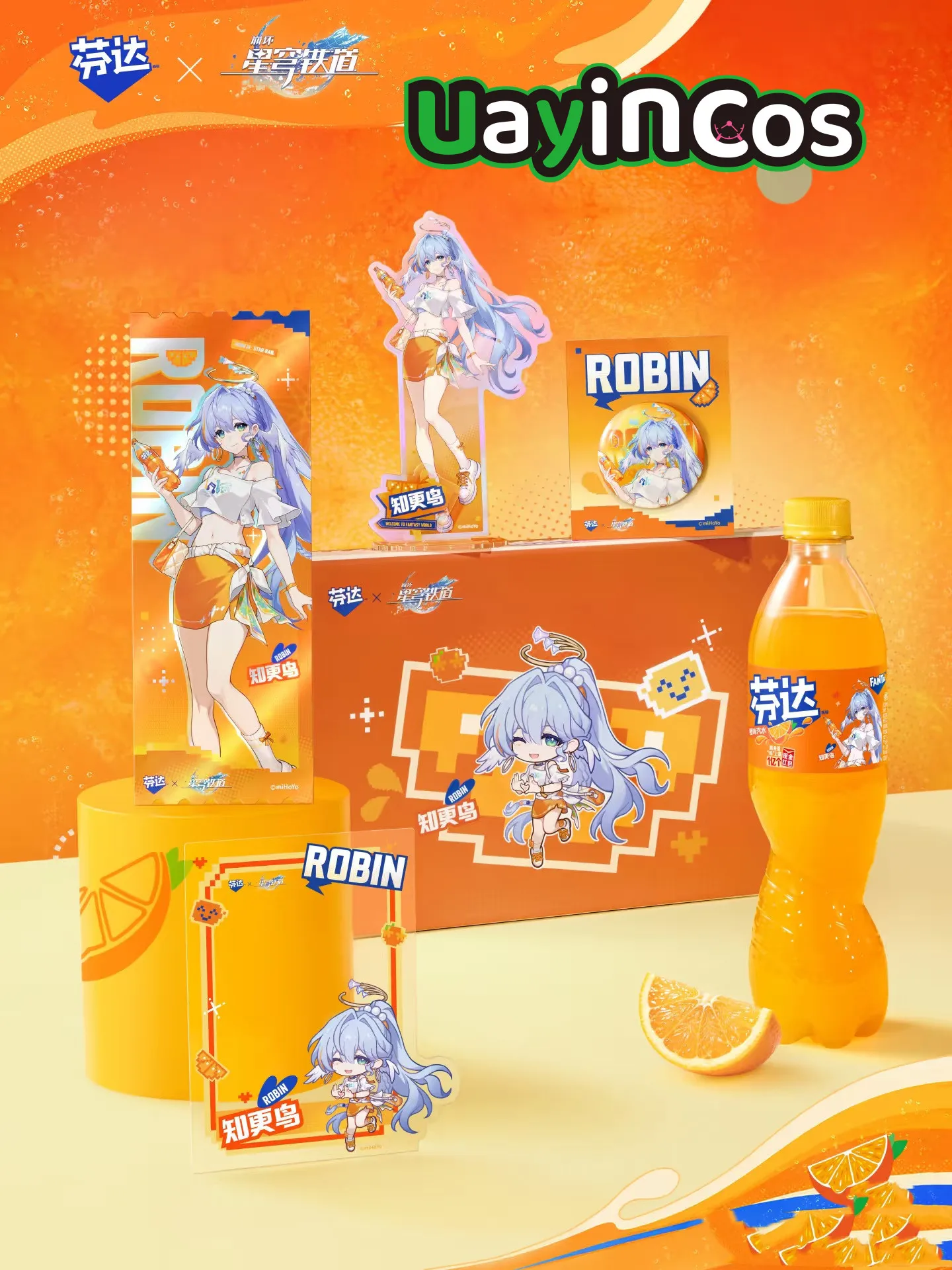 En stock: Soporte acrílico oficial Honkai: Star Rail X Fanta Sunday Robin con diseño de botella, tarjeta, insignia, billete láser, adorno, muñeco, juego de anime