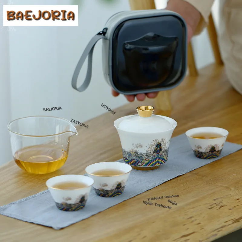 

Дорожный чайный набор из фарфора Ice Jade «Горные волны» в стиле Дзен, 1 чайник, 3 чашки, органайзер для заваривания чая, портативный, для улицы, с сумкой-органайзером и декоративными элементами