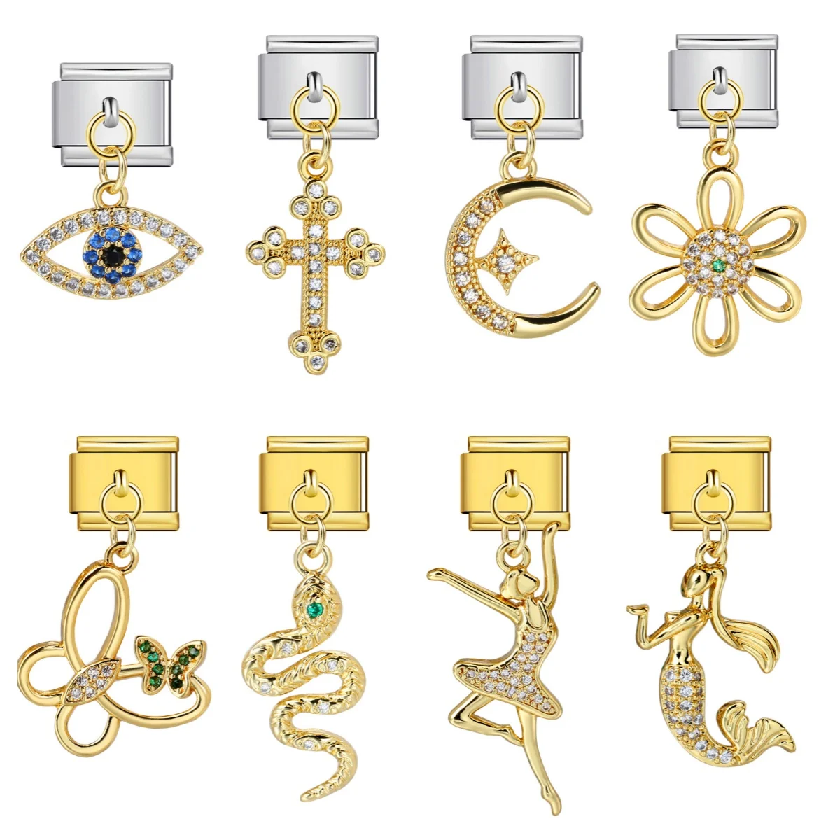 Trendy Luxury Inlaid CZ Butterfly Snake Dance Girl Cross Pendant Italian Charm Link Fit 9mm Stainless Steel Bracelet DIY Making
