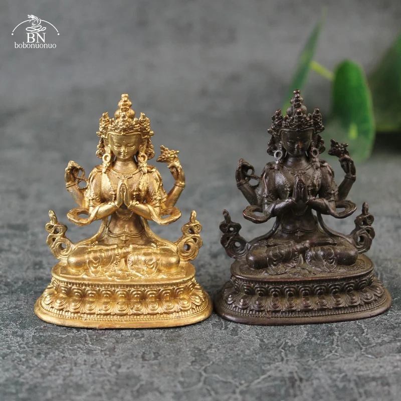 Quatro braços Avalokitesvara Bidhisattva Estátua, Antique cobre Enfeites de mesa, tibetano padroeiro São Figurinhas, Decoração para casa Artesanato