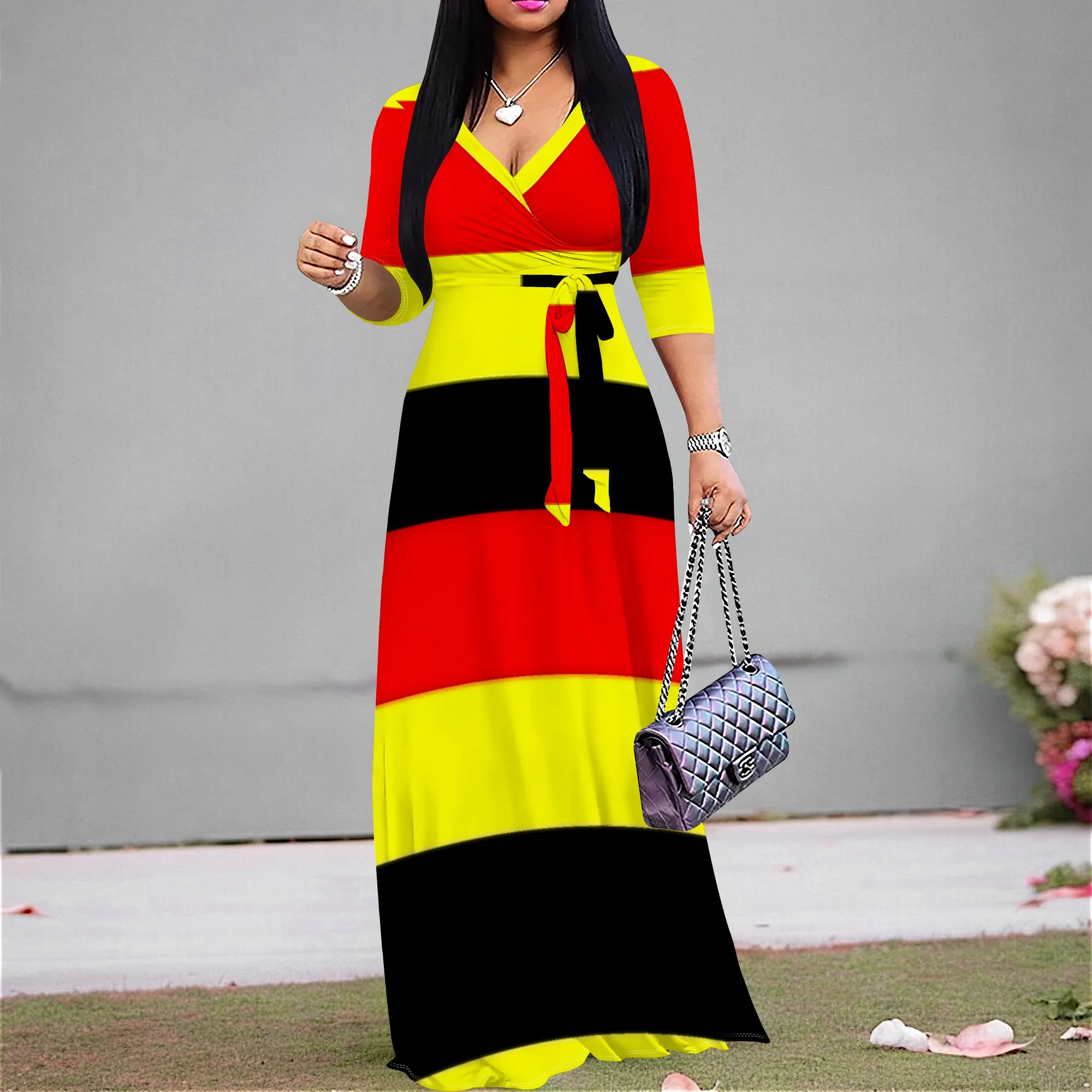 

Red Yellow Black Stripe Wrap Maxi Dress S‑3XL V‑Neck 3/4 Sleeve Style for Kwanzaa, Cultural Event or Heritage Celebration Look
