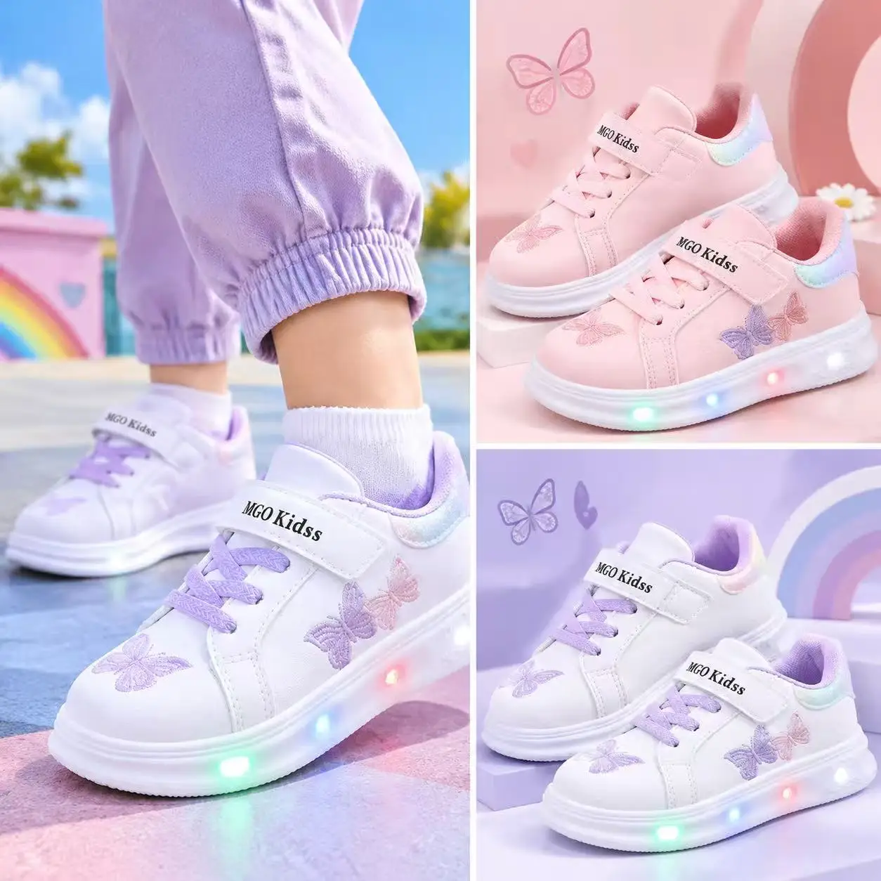 Mgo Kidss New Spring and Autumn Models Girls' Butterfly Light-Up Sneakers with Velcro Led Flashing Casual Shoes Light-Up Shoes for Large, Medium, and Small Children Embroidered Light-Up Sneakers Led Flashing Sneakers G