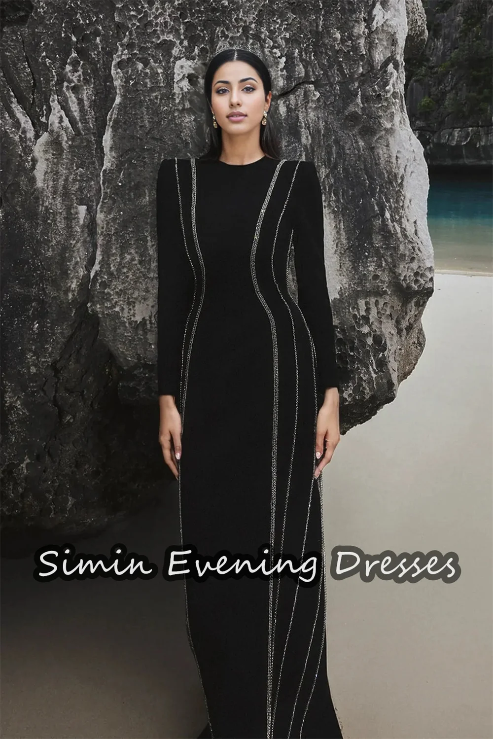 Simin Crepe Mermaid O-neck Long Sleeves Saudi Prom Gown Simple Floor-length Arab Evening Elegant Party dresses for women 2024