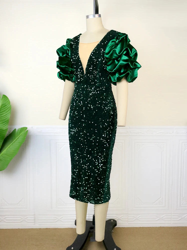 Luxury Sequins Dress Plus Size V Neck Tulle Patchwork Short Puff Sleeve Green Red Knee Length Christmas Evening Party Gowns 4XL