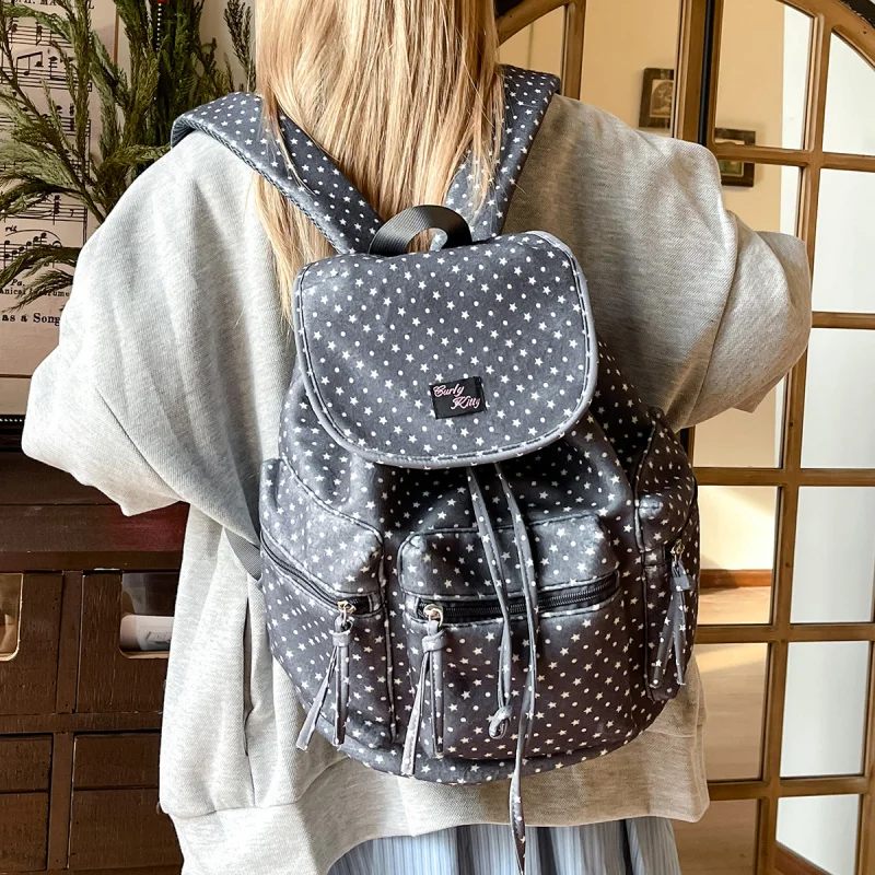 Women's Polka Dot Backpack2025Autumn and Winter New Trendy Korean Style Fashion Versatile College Student Commuting Canvas Backp