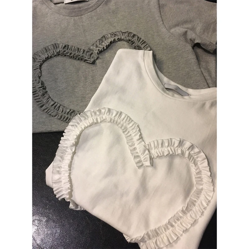 

Cute Spooky Dongdaemun 25 Summer Pleated 3D Heart Embroidery round Ne ort Sve T-irt Women's Sweet Sle Selfwill Brand