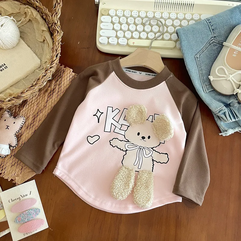 

Girls Long-sleeved Bottoming Shirt for Children's Clothing Velvet Round Neck Baby Kids Warm Cartoon Bear T-shirt Tops