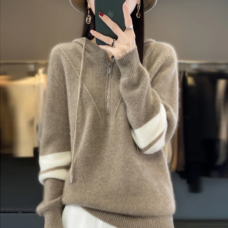 100% pure sweater women\'s new casual color matching zipper thick hooded loose knit pullover in autumn and winter 2023.