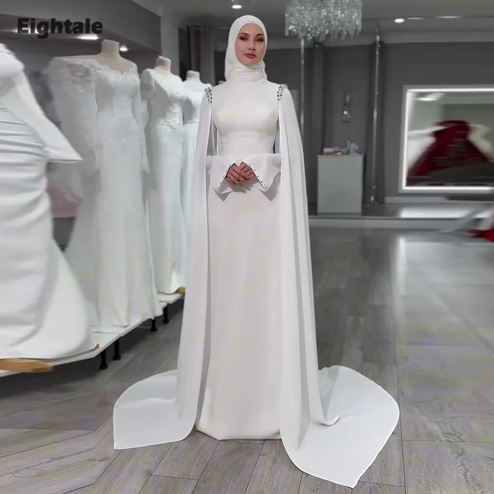 Eightale Arabic Wedding Dress Beaded Customized Ivory Satin Long Sleeves Muslim Bridal Gown Mermaid Bride Party Dress
