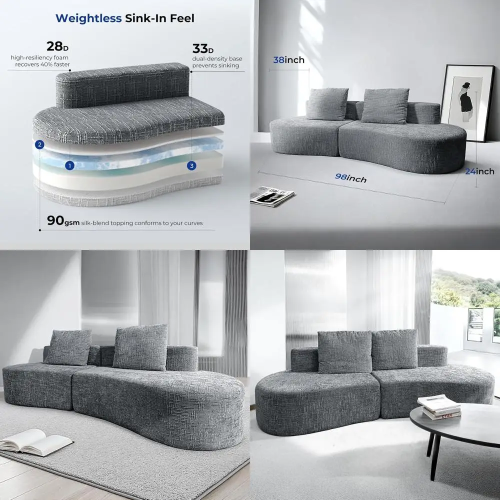 98 Curved Grey Couch with Halo Moon Pattern, Sofa Bed with 2 Pillows & 4 Seating Options for Living Rooms and Offices, Ready to