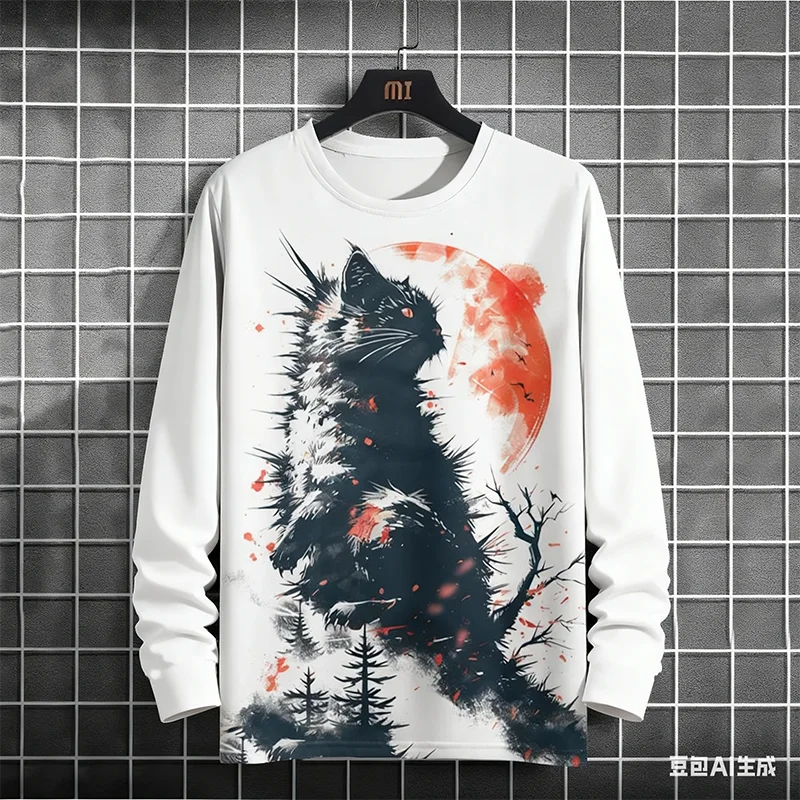 

Japanese Ink-Style Cat Warrior Long Sleeve, Ukiyo-e Red Moon Cat 3D Print, Trendy and Unique Eye-Catching Outfit