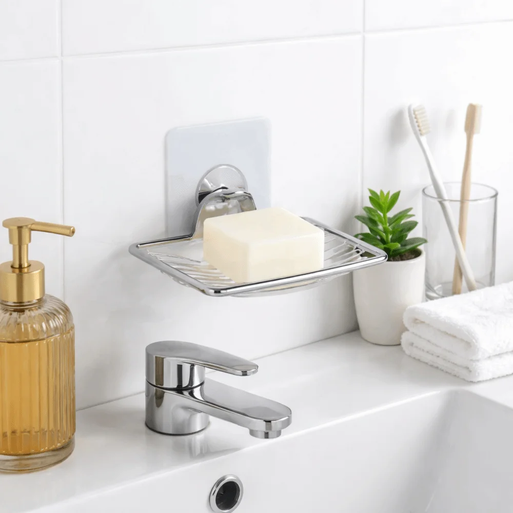 

Punch-free Stainless Steel Soap Rack Self-Draining Single Layer Soap Dish Holder Wall Hanging Storage Saver