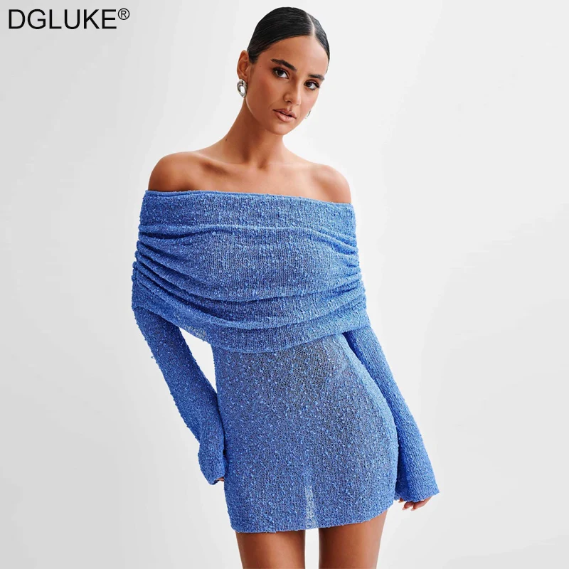 

DGLUKE Slash Neck Long Sleeve Mini Dress Women Knitted Cover-up Beach Dress Sexy See Through Summer Vacation Dress Clubwear