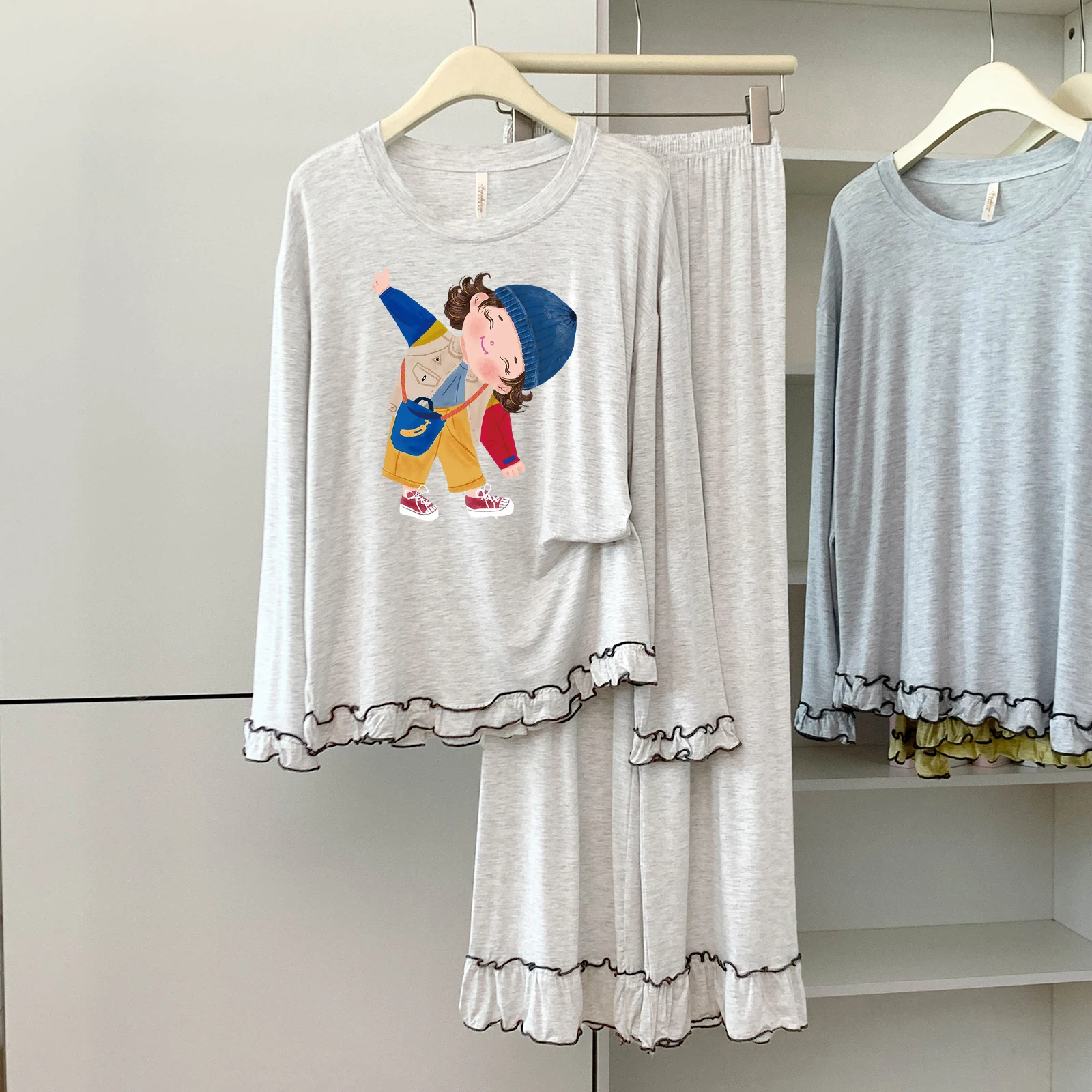 

5174-35 Modal Cotton Round Neck Long-Sleeved Long Pants Pajamas for Women Spring and Autumn Thin Loose Soft Comfortable Home Wear