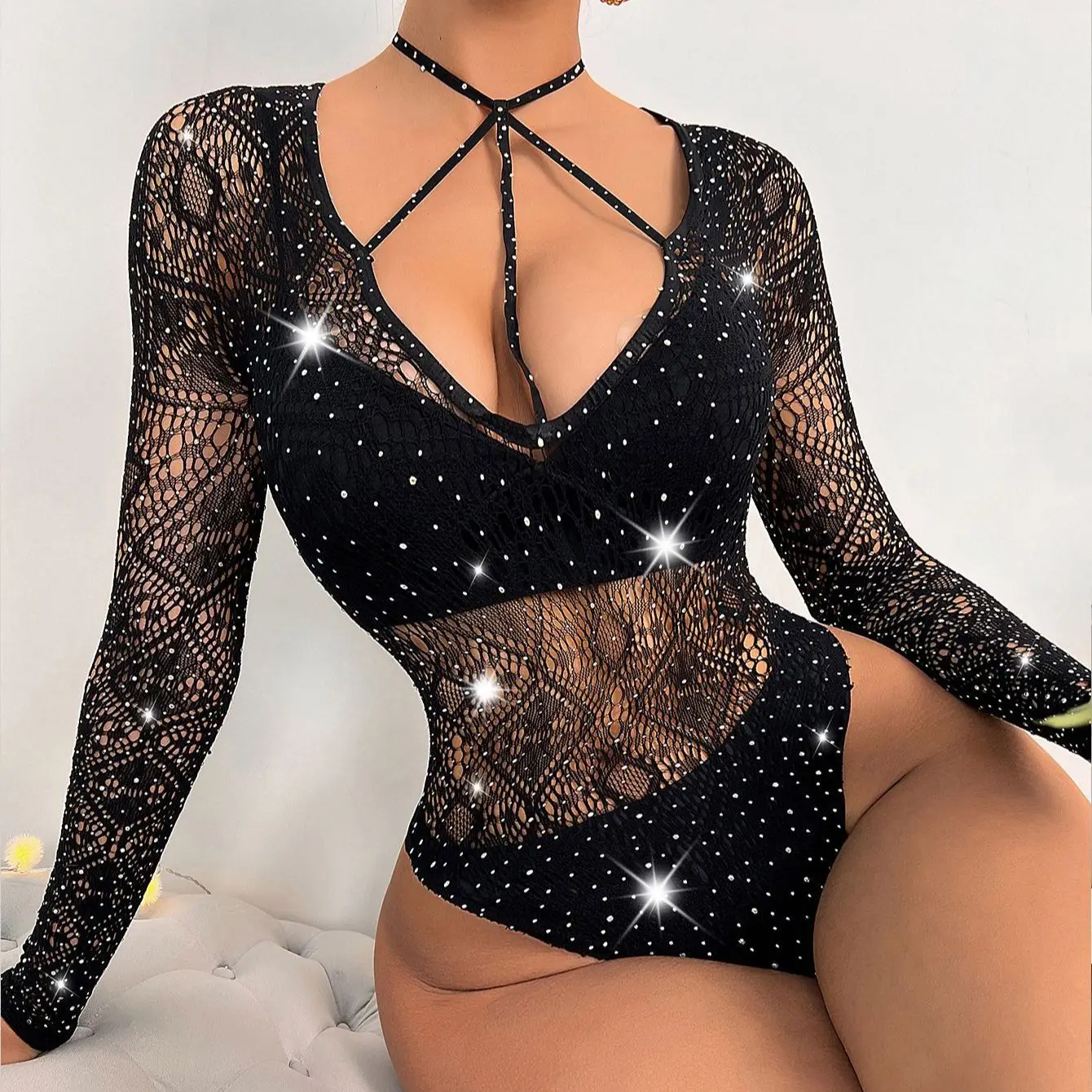 

Porn Women Sexy Mesh Body Stocking Fishnet Bodysuit See Throuth Crystal Diamonds Rhinestone Lingerie Dress Bodystockings