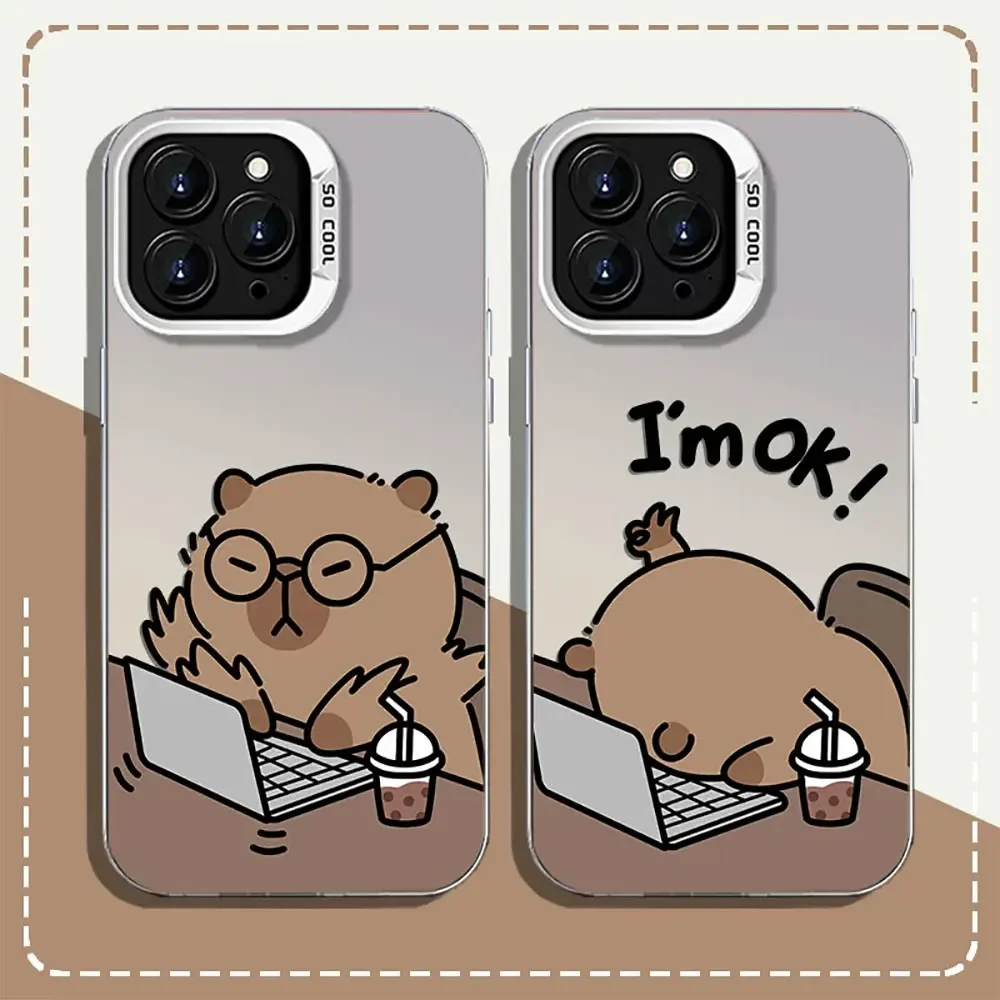 Cute Animal Working Capybara Electroplate Silver IMD Case for IPhone 11 12 13 14 15 16 Pro Max X XS XR 8 Plus Phone Cover Fundas