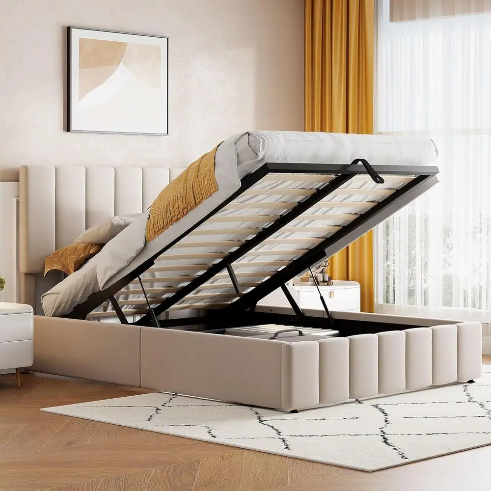 Harper & Bright Designs Lit Up Storage Platorm Bed, Upholstered Bed e with Hydraulic Storage System and Wood Slat Support, ull S
