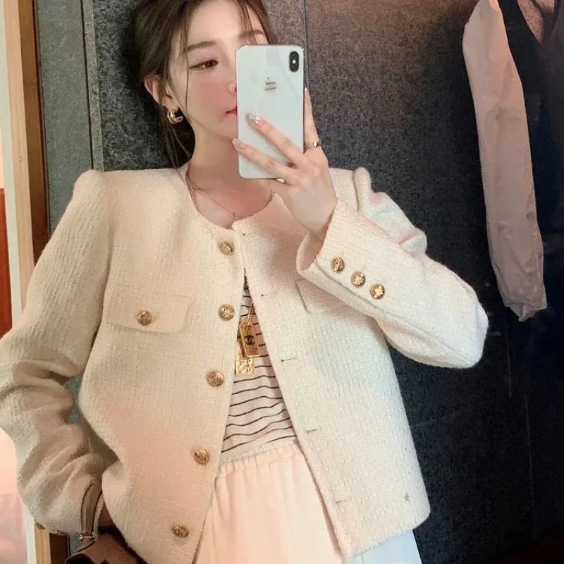 

Spring Autumn Petite Cropped French Style Streetwear Elegant Versatile Top Crew Neck Design Tweed Style Women's Jacket