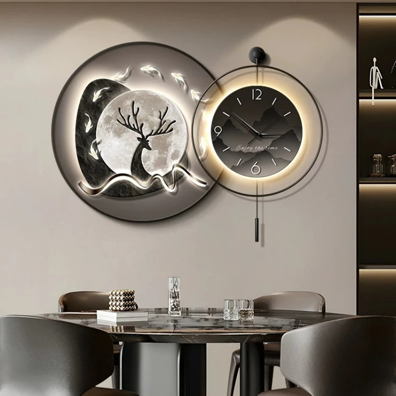 

Decorative Painting With LED Wall Clock Back Hanging Painting Modern Living Room Hang Watch Luxury Mute Mural Clocks Home Decor