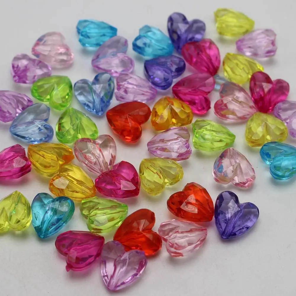 100 Mixed Color Transparent Acrylic Faceted Heart Beads Charms 12X12mm