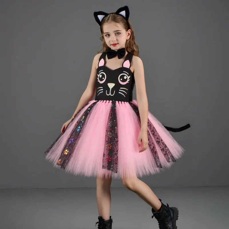 Niedliches rosa-schwarzes Katzenkleid für Kinder, Cosplay-Tutu-Rock, Tanzkostüm, Ohren, Schleife, Schwanz, Mädchen-Performance-Outfit, Geburtstagsparty-Outfit, Geschenk – Detail 3