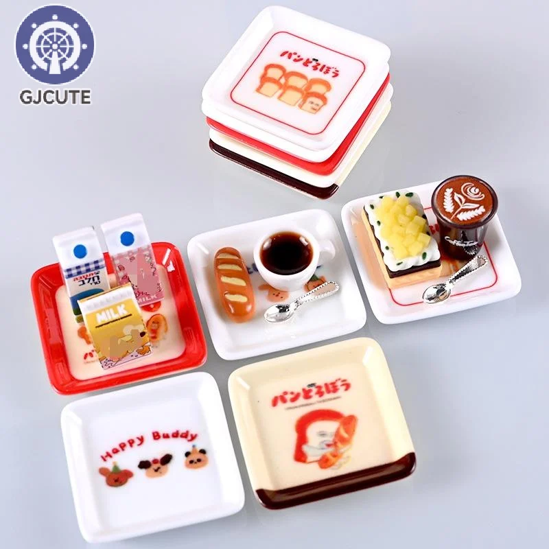 Juguete de cocina para juego de imitación, 10 piezas, mini juegos de platos con bandeja de dibujos animados para casa de muñecas 1/12, decoración de simulación