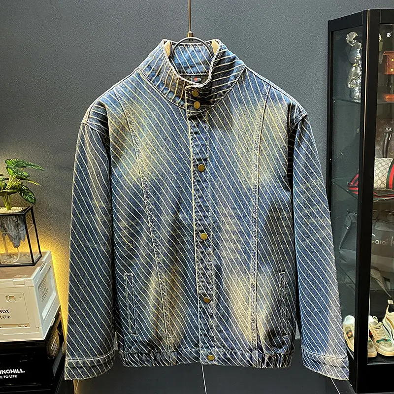 

American retro denim jacket men's spring and autumn ruffian handsome high-end striped design stand-up collar jacket