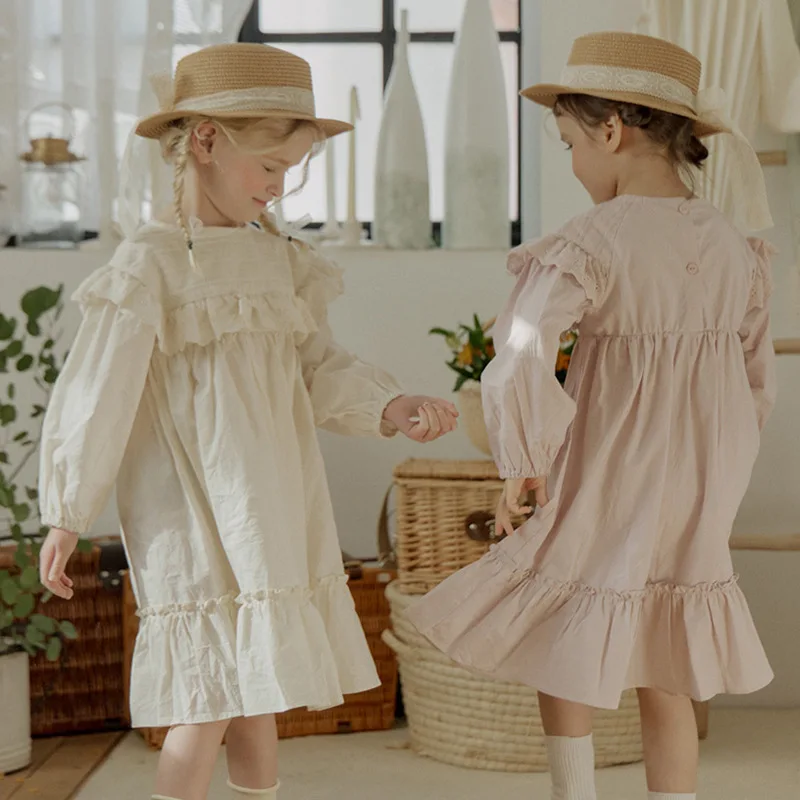 

Girls Casual Dresses Spring Girls Solid Color French Long Cotton Princess Style Long Sleeved 2024 Simple Loose Cotton