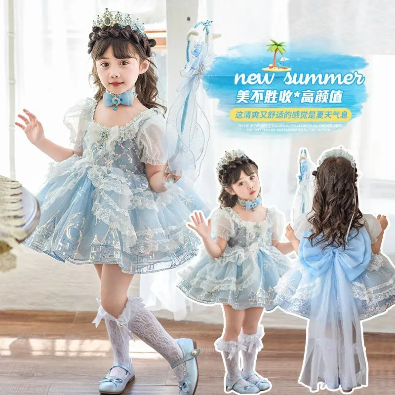 Baby Girl Summer Vintage Lolita Blue Shiny Layed Lace Princess Ball Gown Cute Dress Birthday Holiday Party Eid Child Clothing