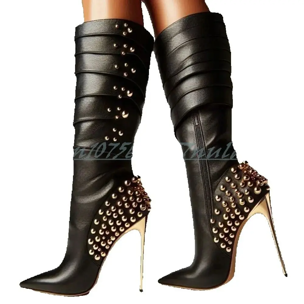 

Metal Round Rivets Decor Mid Calf Boots Pointed Toe Stiletto High Heel Zipper Fashion Sexy Women Shoes 2025 Zapatos Para Mujere