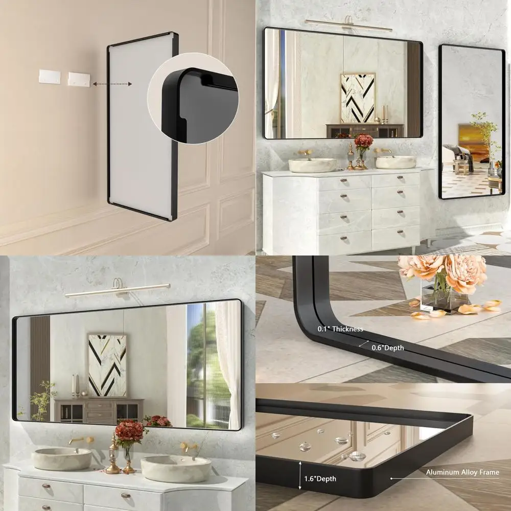 

Большое зеркало в матовой черной рамке размером 72x32 дюйма с круглыми углами, закаленным стеклом, антикоррозийное для стены (горизонтальное или вертикальное)