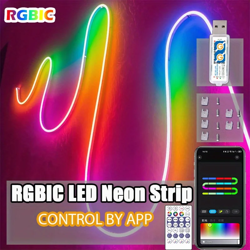 RGBIC LED Strip, APP Control Music Sync LED Lights,DIY  USB Powered Neon Strip Lights for Bedroom,Party,Kitchen,TV(NO Battery)
