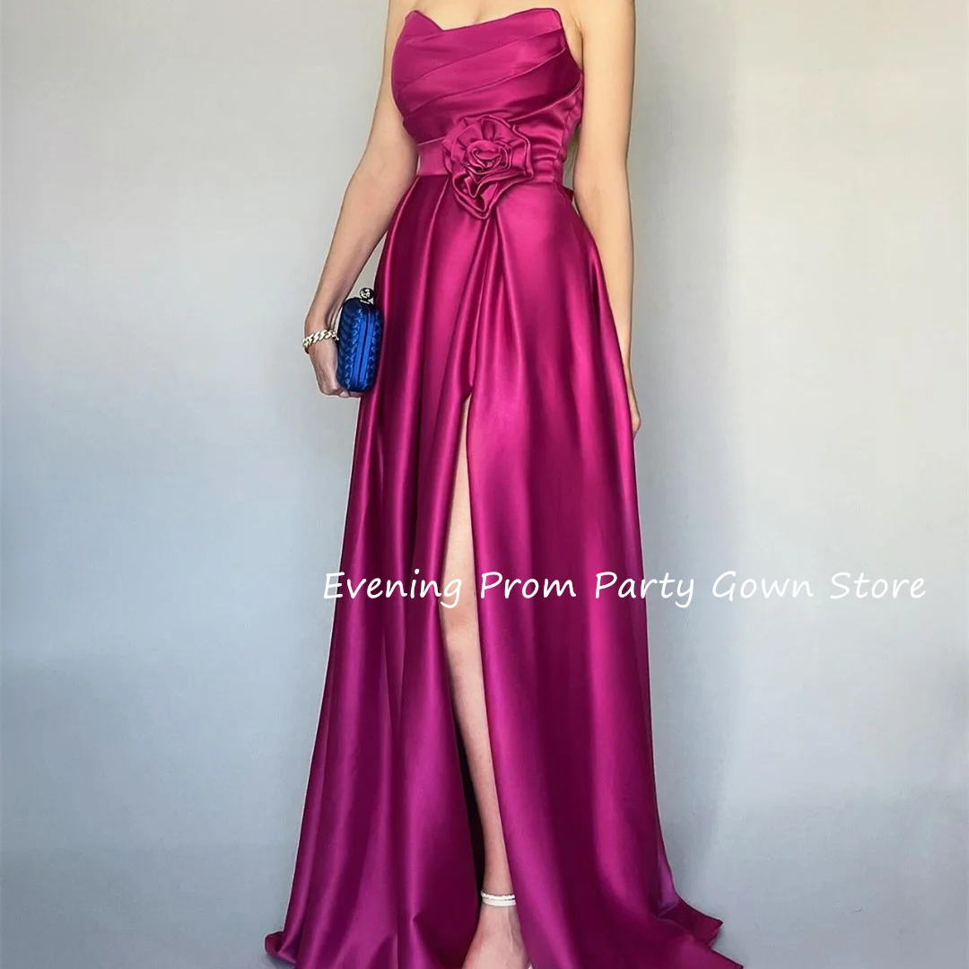 

High Quality Satin Evening Dresses with Flower Applique Prom Dress vestidos de fiestas elegantes mujer فساتين للمناسبات الرسمية