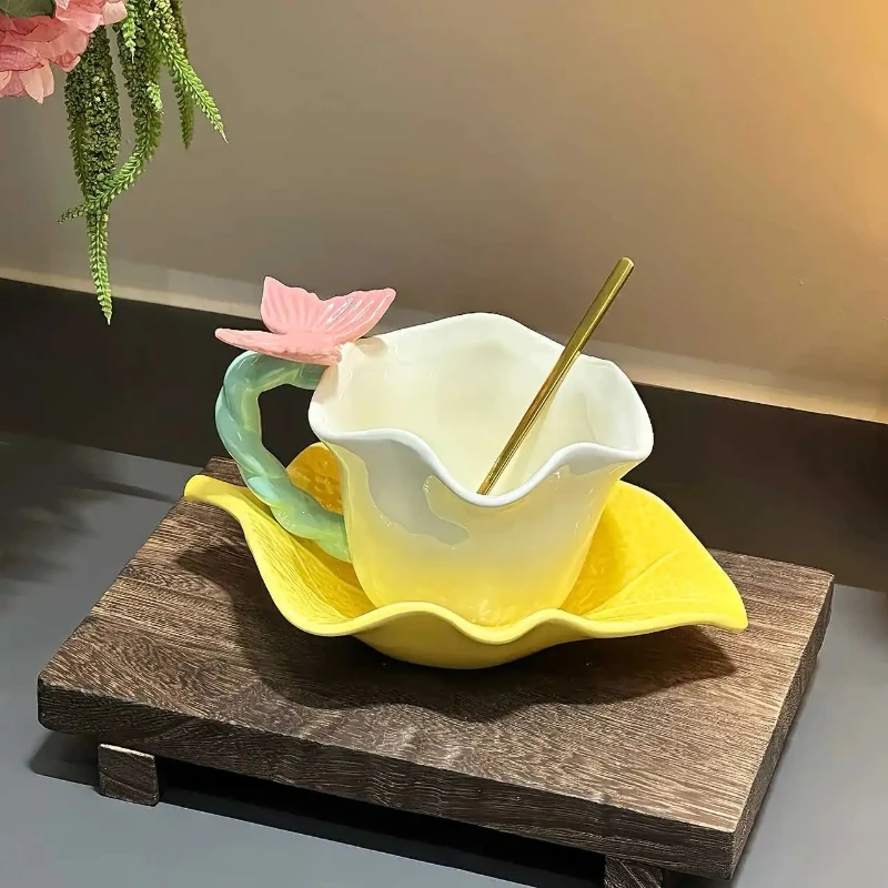 280ml Butterfly Flower Edge Ceramic Coffee Cup Set High Beauty Home Yellow Leave Shaped Design Plate Afternoon Tea Water Cup
