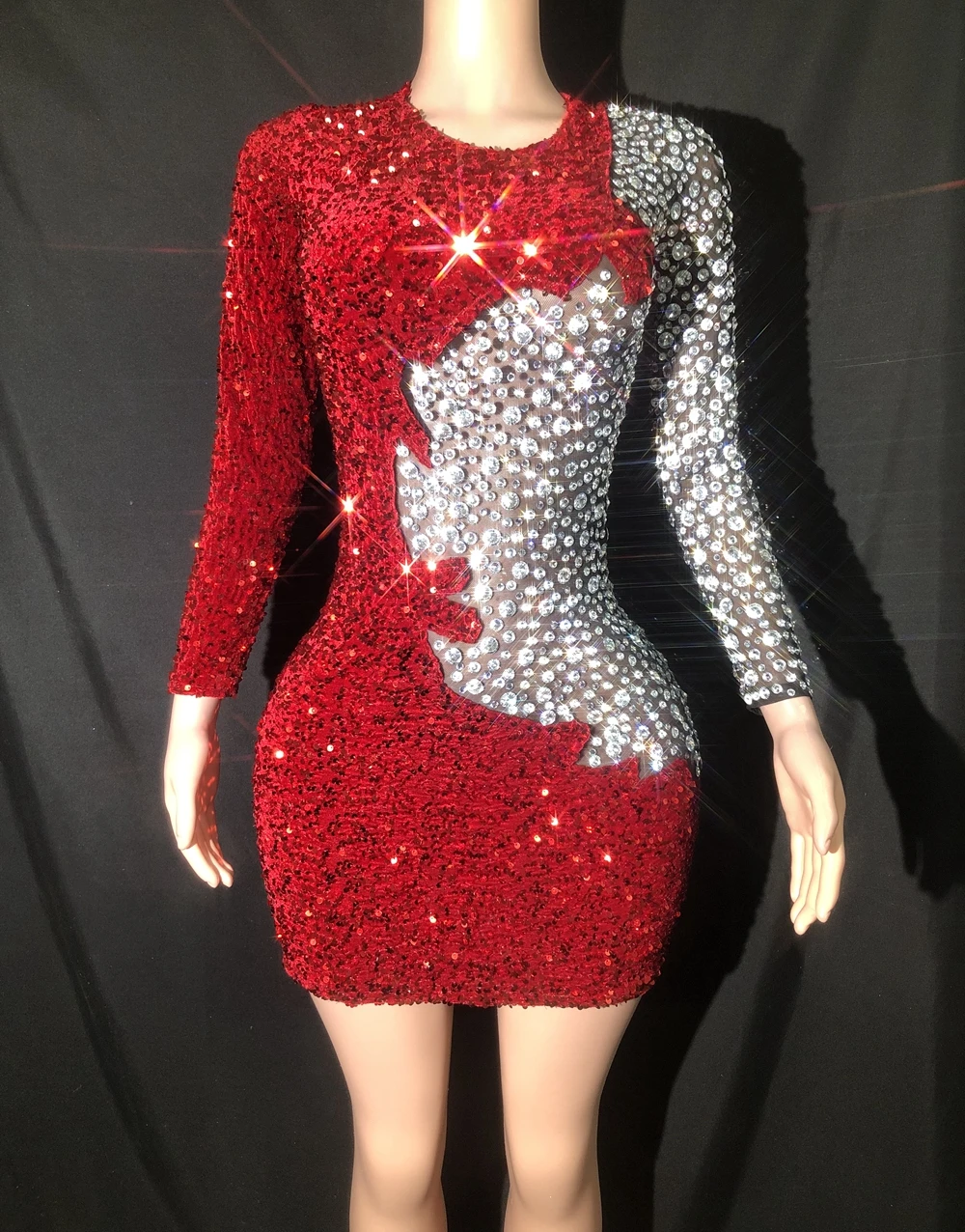 Sparkly Rhinestones Red Rhinestones Short Dress Sexy Mesh Transparent Evening Prom Celebrate Birthday Dress Show Stage Wear