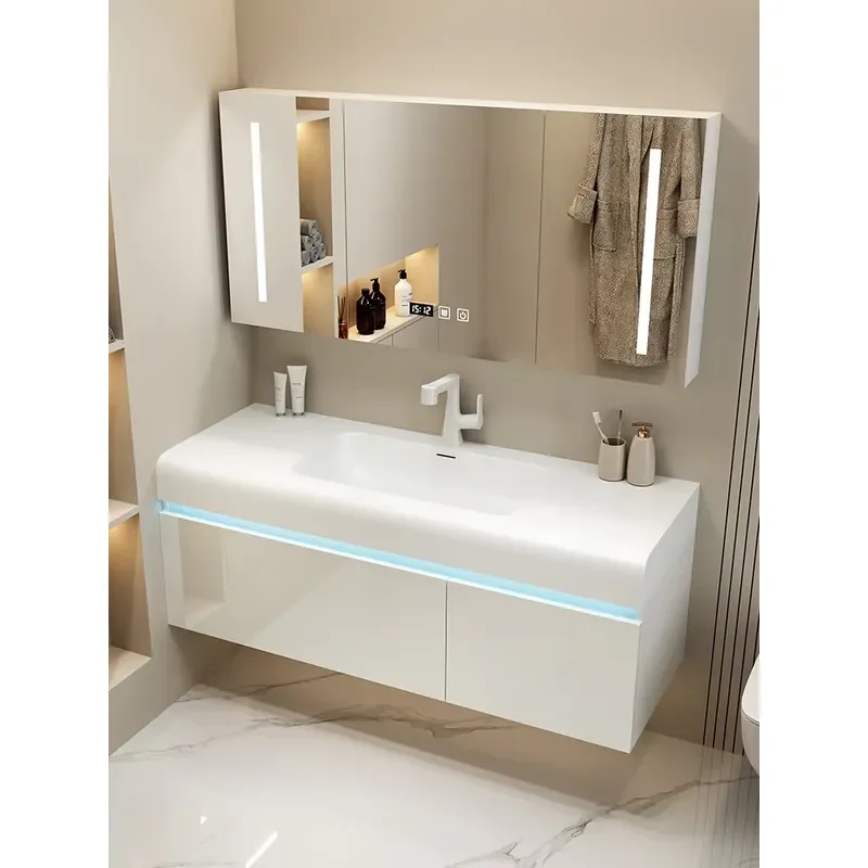 Modern Human Body Sensor Ambient Light Waterproof Bathroom Cabinet Multi-layer Solid Wood Bathroom Mirror Cabinet with Light