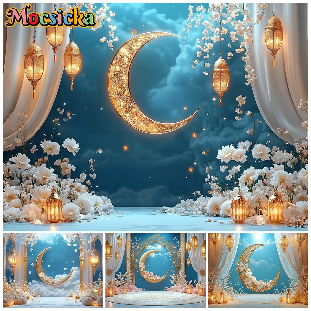 

Mocsicka Moon Photography Backdrop Spring Flowers Islamic Festival Decor Family Party Photo Background Eid Al-Fitr Studio Banner