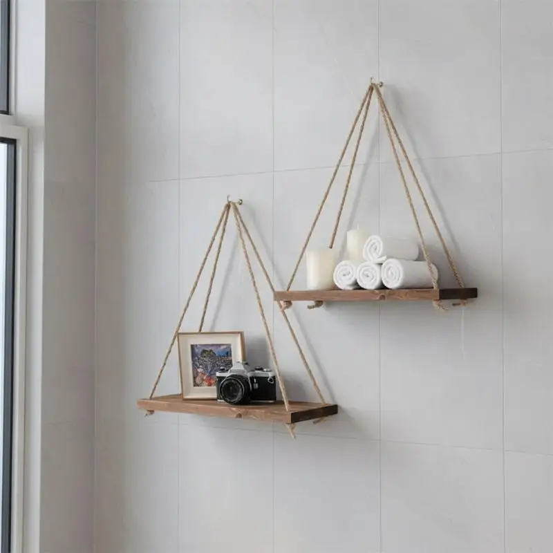 Hanging Wood Shelves Adjustable Cotton Rope Natural Wood Finish For Bedroom Living Room Boho Wall Decor