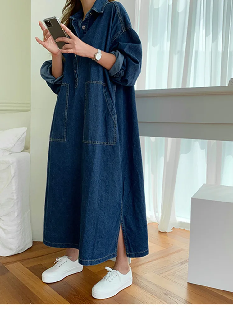 Vestido Denim Coreano com Cordão Solto Feminino, Vestidos Chiques Divididos, Vestidos Elegantes de Bolso Azul