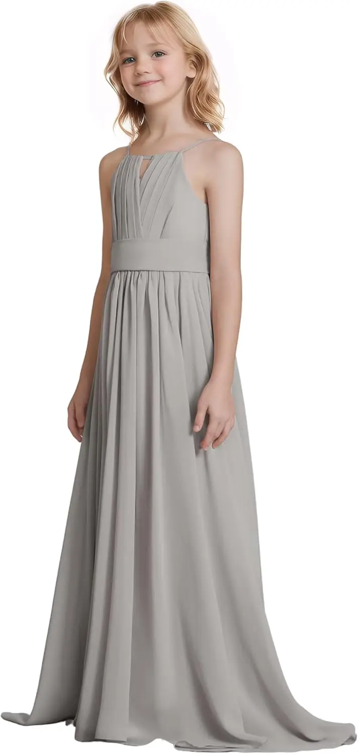 Meninas júnior vestidos de dama de honra a linha halter chiffon maxi vestido longo para adolescentes casamento pageant festa vestido da menina