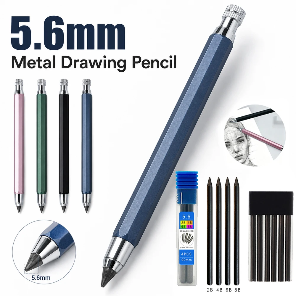 5,6 mm Metall-Zeichenstift mit 2B 4B 6B 8B Minenset, professioneller mechanischer Skizzenstift, Schreibwaren für Studenten (1 Stift + 2 Minenboxen)