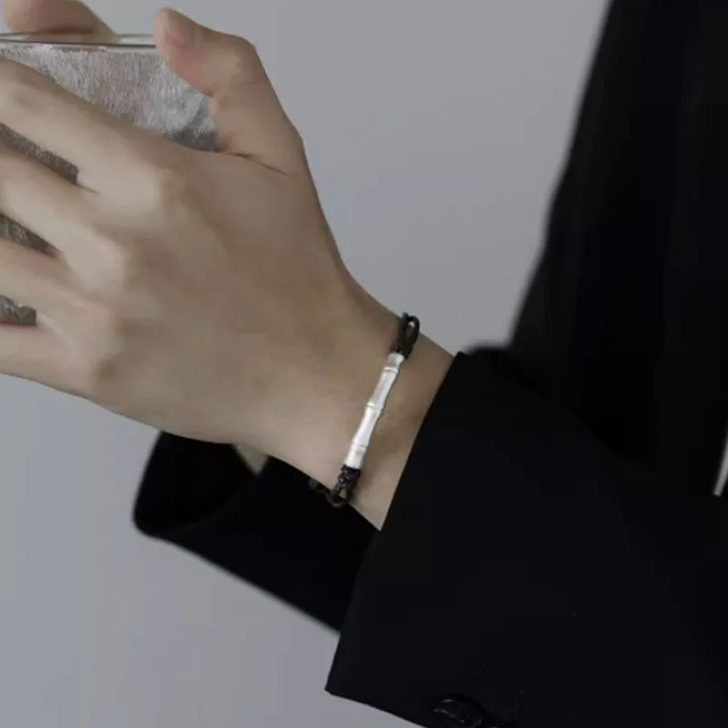 

GXGlint Vintage S999 Silver Bamboo Knot Bracelet Men's Chinese Style Retro Hand Rope for Good Luck Valentine's Day Gift